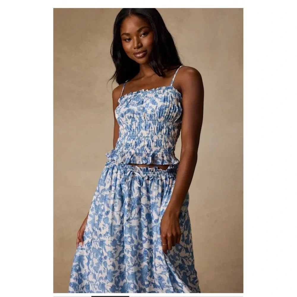 Lulus Denarius White and Blue Leaf Print Two-Piece Midi Dress Size XL New!